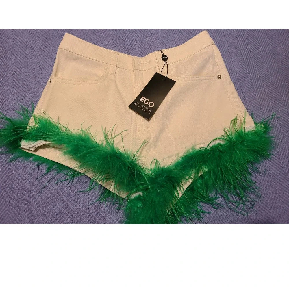 Ego Faux Feather Trim Shorts Women's Size 6 Denim High Waist Flat Front Pockets